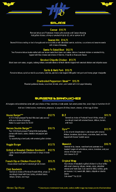 heroes dinner menu