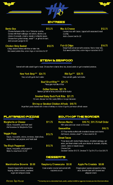heroes dinner menu